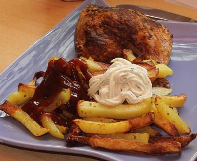 1/4 kokoriko asado o kronch + papas y bebida